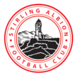 Alt Text: Λογότυπο Stirling Albion ποδοσφαιρική ομάδα με πύργο και τοπία της Σκωτίας