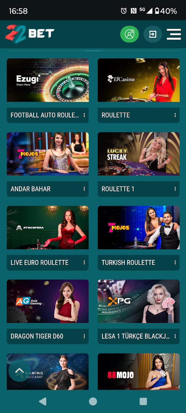 Ζωντανό καζίνο 22Bet με επιλογές όπως Football Auto Roulette, Turkish Roulette και Dragon Tiger