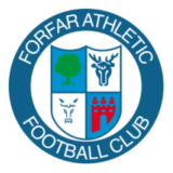 Λογότυπο Forfar Athletic FC με μπλε κύκλο και τέσσερα εμβλήματα