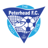 Λογότυπο Peterhead FC με μπλε τρίγωνο, ψάρι και ποδοσφαιρική μπάλα