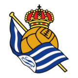 Λογότυπο Real Sociedad με χρυσή μπάλα, μπλε-λευκή σημαία και στέμμα