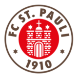 Λογότυπο της FC St. Pauli με κυκλικό σχέδιο, κόκκινο κέντρο και λευκές και καφέ λεπτομέρειες.