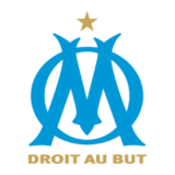 Olympique Marseille έμβλημα με μπλε γράμμα Μ, χρυσό αστέρι και σύνθημα droit au but