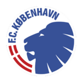 FC København σήμα με μπλε λιοντάρι και κόκκινες γραμμές σε λευκό φόντο